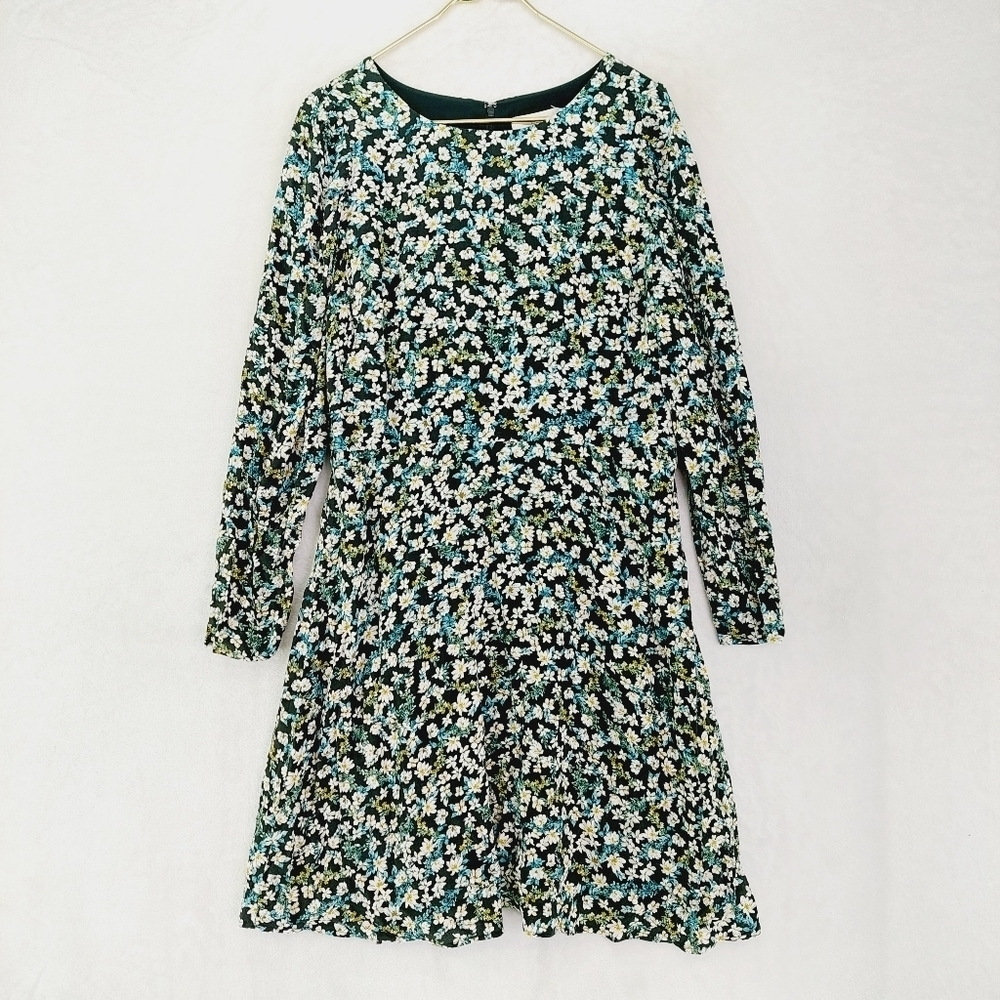 LOFT Multicolor Floral Puff Sleeve Flare Boat Neck Midi Dress 468